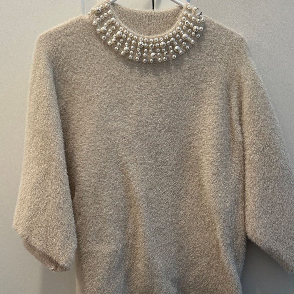 Elegant Pearl-Embellished Cream Sweater